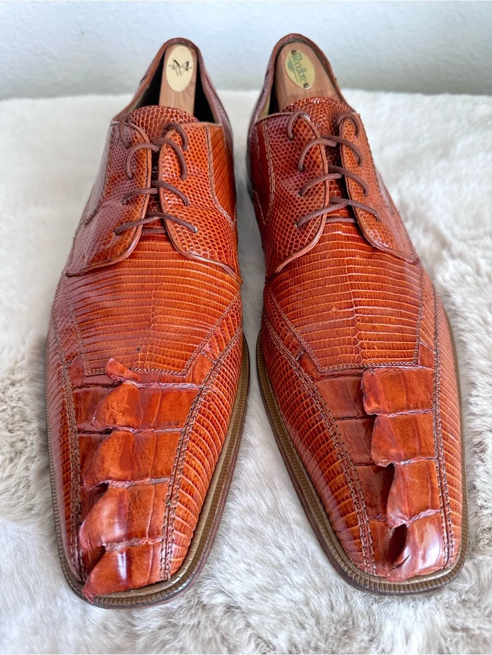 Belvedere Genuine Crocodile & Caiman Lizard Skin Oxford Dress Shoes sz 13 Orange